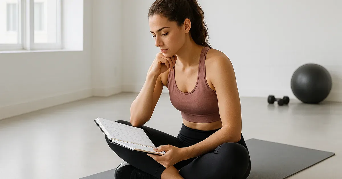 Woman reviewing a workout planner on a yoga mat, representing cycle syncing workouts and menstrual phase planning