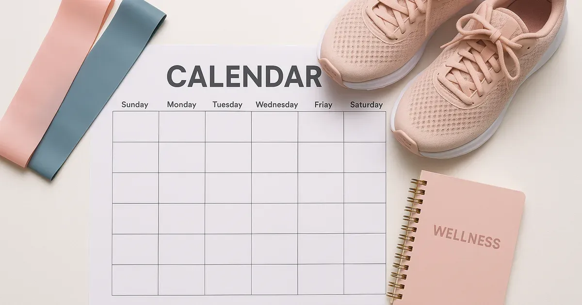 Flat-lay of a monthly calendar and fitness equipment illustrating cycle syncing workout planning across menstrual phases