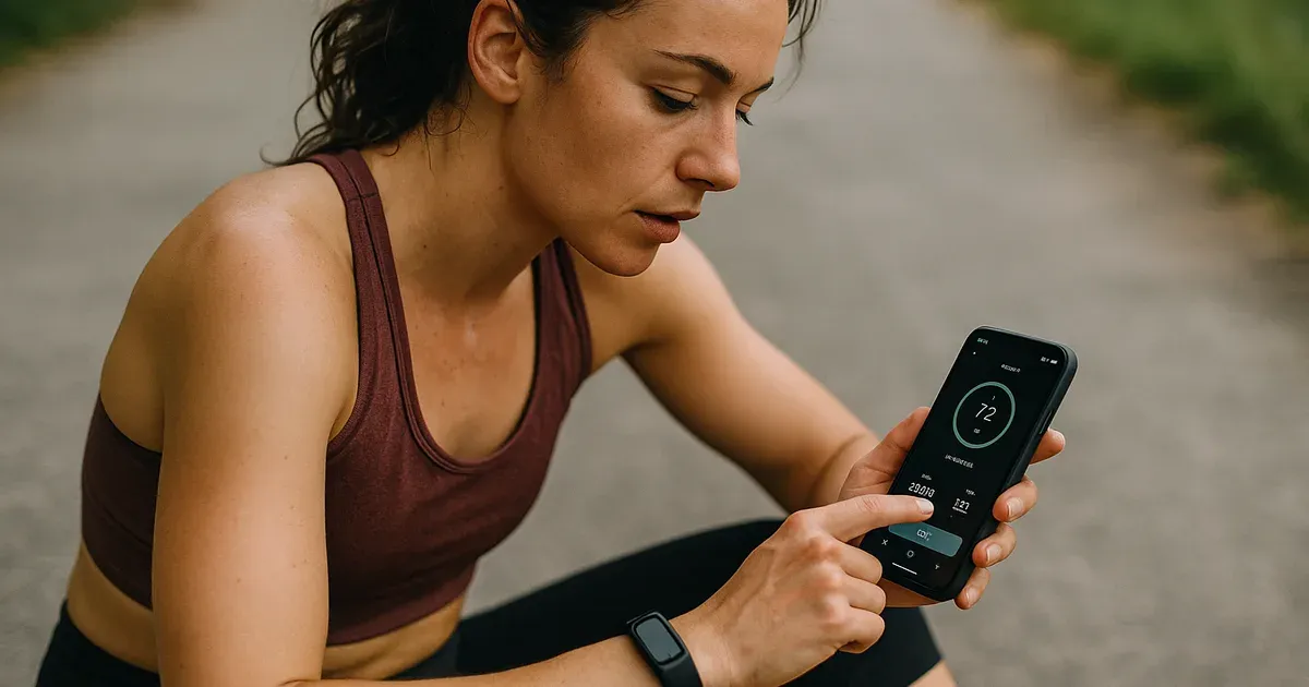 Woman checking a fitness tracking app outdoors, representing personalised cycle and exercise monitoring beyond cycle syncing workouts