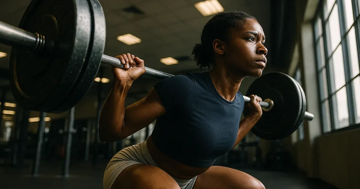 Woman doing strength training barbell squats during the follicular phase of cycle syncing workouts