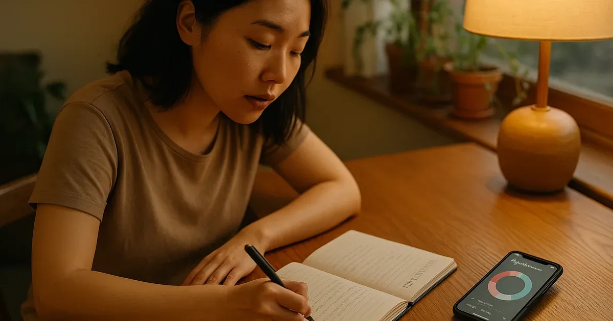 Woman tracking her menstrual cycle and workouts in a journal to support cycle syncing