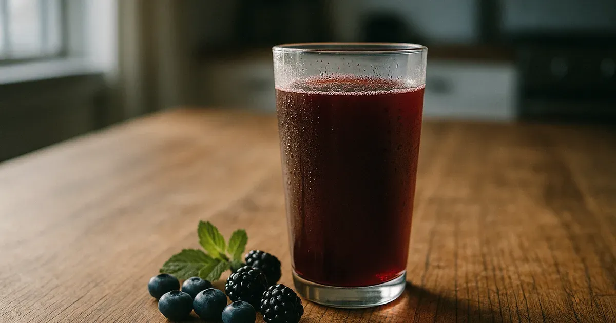 Glass of polyphenol-rich drink linked to increased good gut bacteria, placed on a wooden table with fresh berries