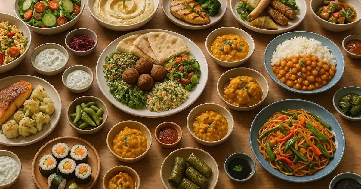 Diverse culturally varied foods on a table representing personalised dietary counseling for all lifestyles