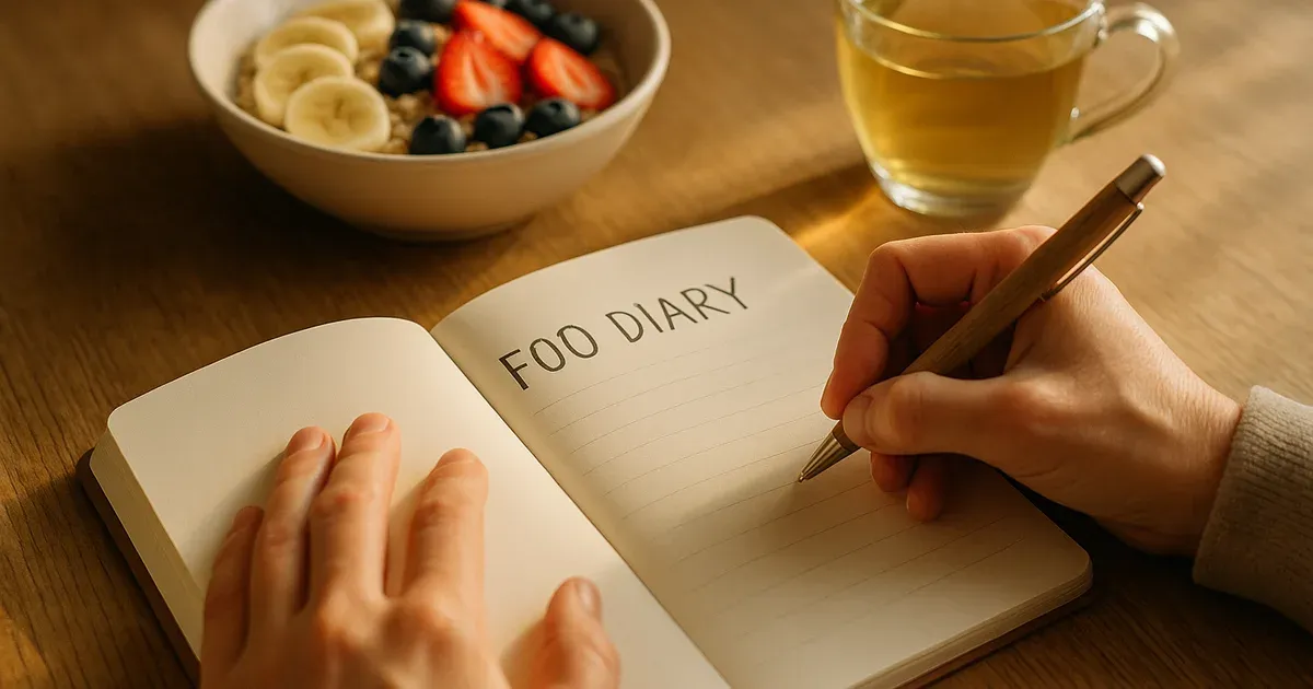 Person writing in a food diary before a dietary counseling appointment with healthy breakfast nearby