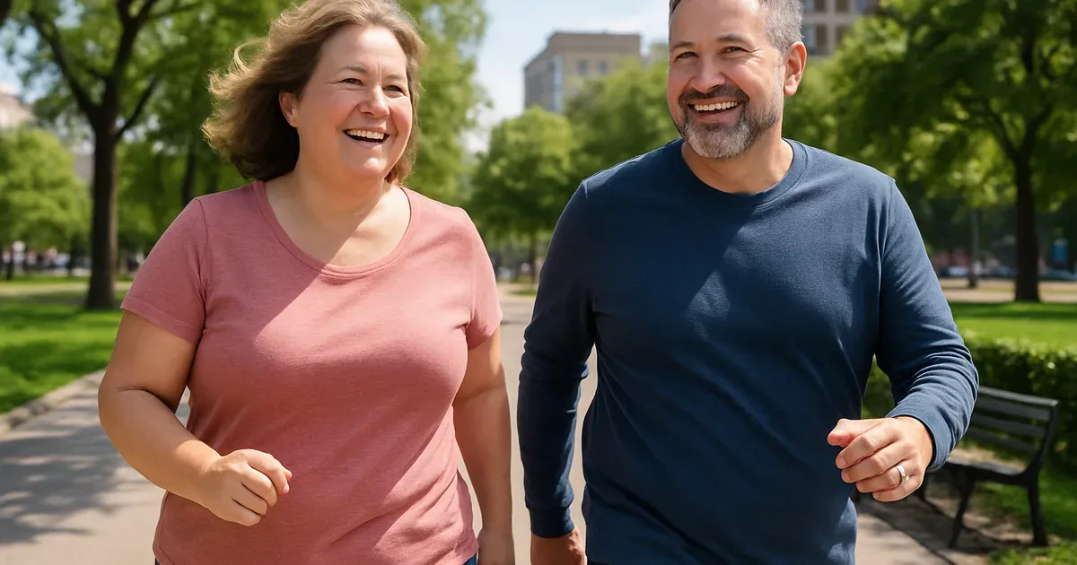 Middle-aged couple walking outdoors representing improved quality of life after dietary counseling