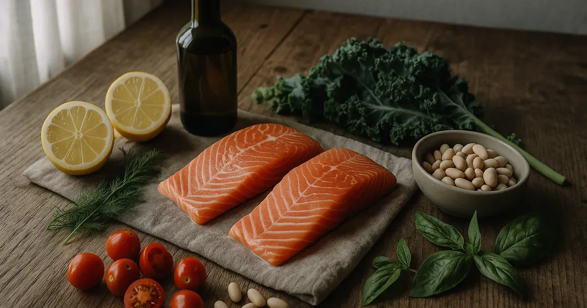 Colourful spread of anti-inflammatory recipe ingredients including salmon, tomatoes, beans, and fresh herbs