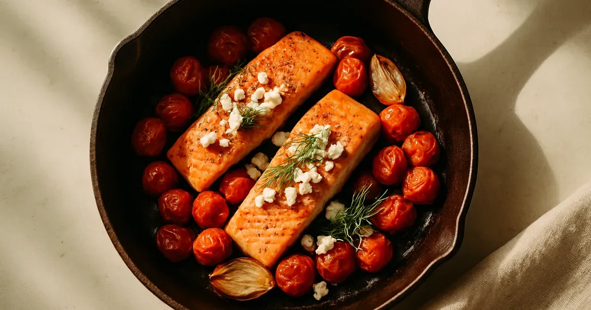 Summer salmon skillet with cherry tomatoes, feta, and dill — a quick anti-inflammatory recipe