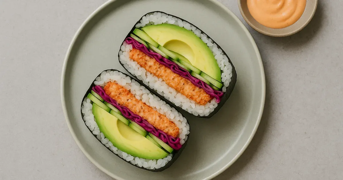 Onigirazu sushi sandwich with spicy salmon, avocado, and pickled vegetables — a portable anti-inflammatory meal