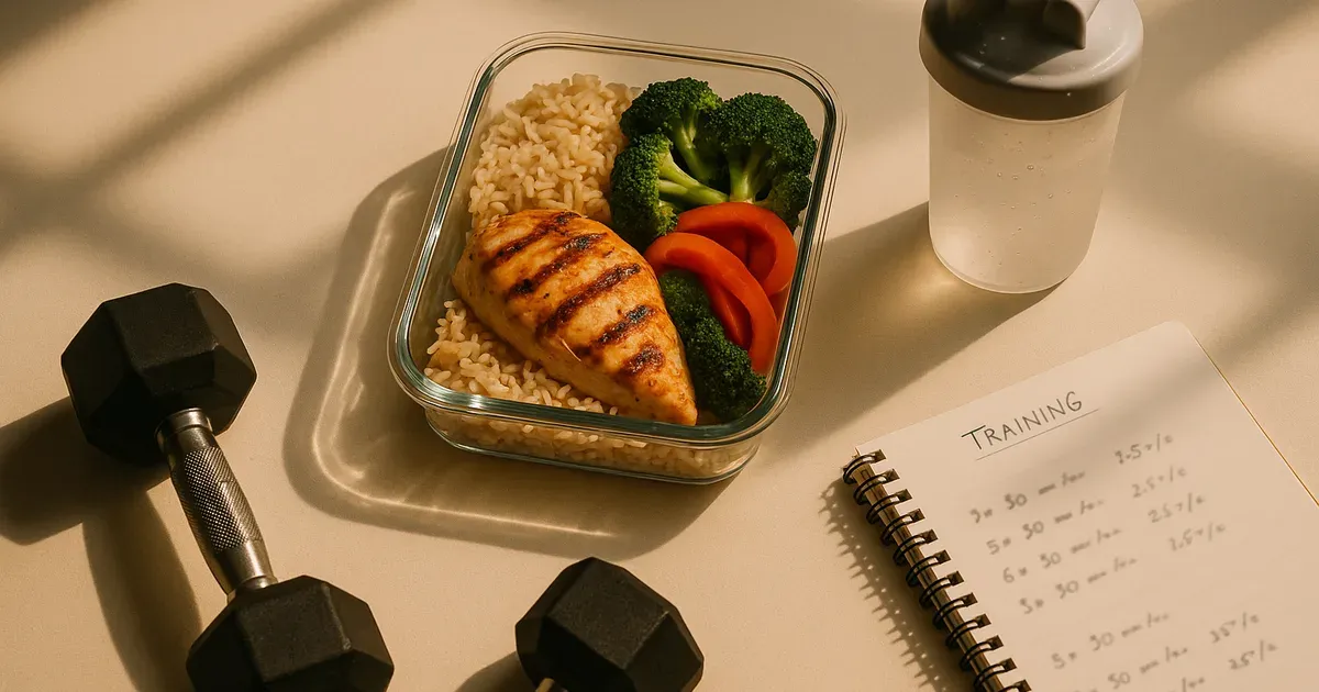 Meal prep with high-protein food and dumbbells representing ectomorph nutrition and training planning