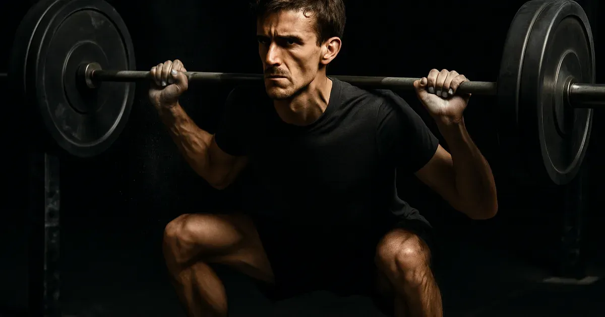 Lean ectomorph athlete performing a heavy barbell squat in a gym, demonstrating compound training