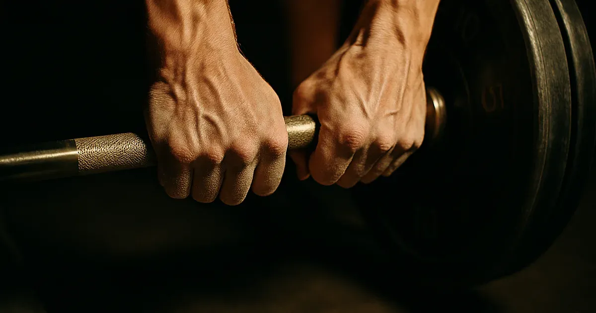 Close-up of hands gripping a loaded barbell representing progressive overload training for ectomorphs