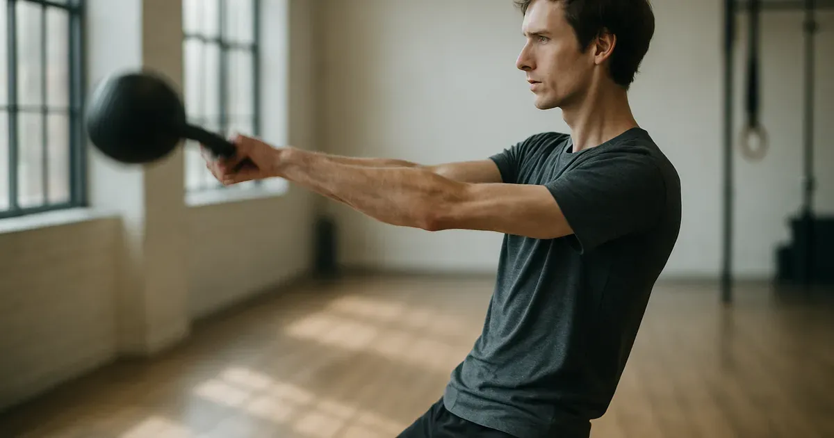 Athletic ectomorph performing a kettlebell swing in a bright gym, demonstrating functional training