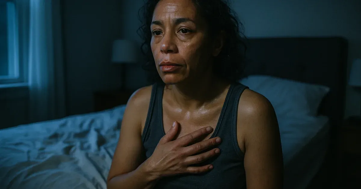 Middle-aged woman awake at night illustrating cortisol spikes during the menopausal transition