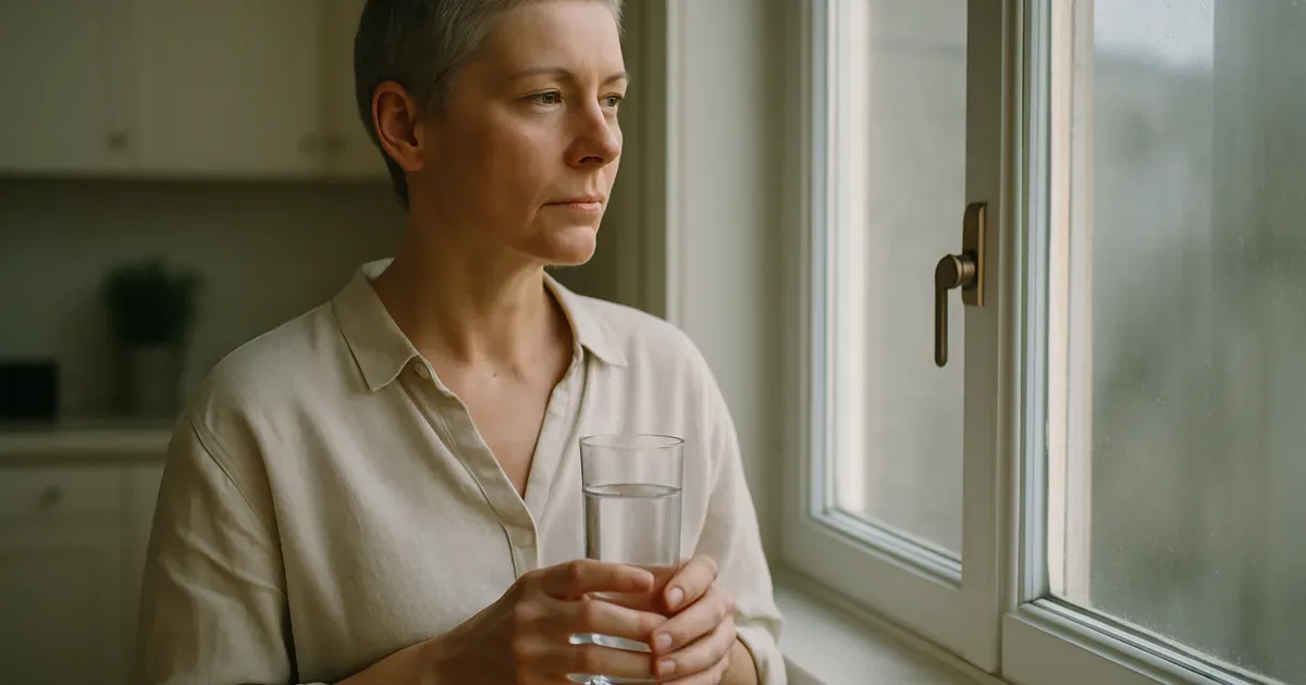 Woman in perimenopause reflecting on hormonal health and cortisol management in morning light