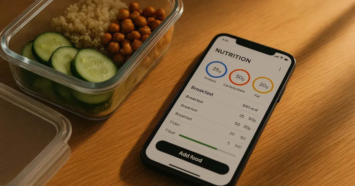 Smartphone showing macro tracking app with fiber target displayed next to a healthy meal prep container