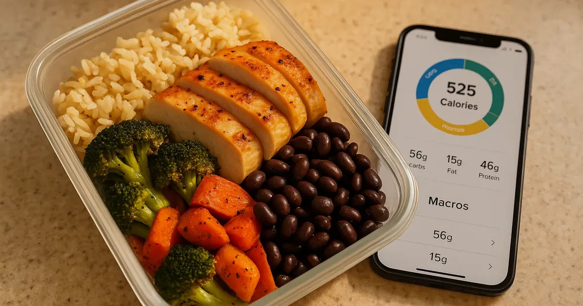 Balanced macro meal with fiber-rich black beans, brown rice and vegetables next to a macro tracking app on a phone