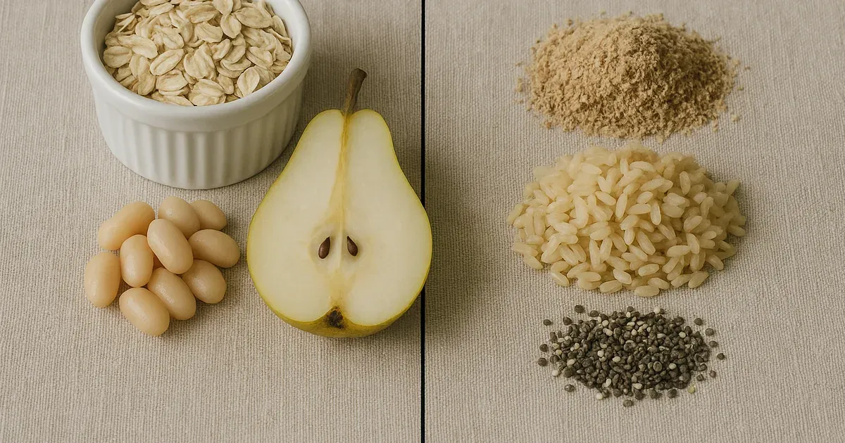 Side-by-side comparison of soluble fiber foods like oats and fruit versus insoluble fiber foods like bran and seeds