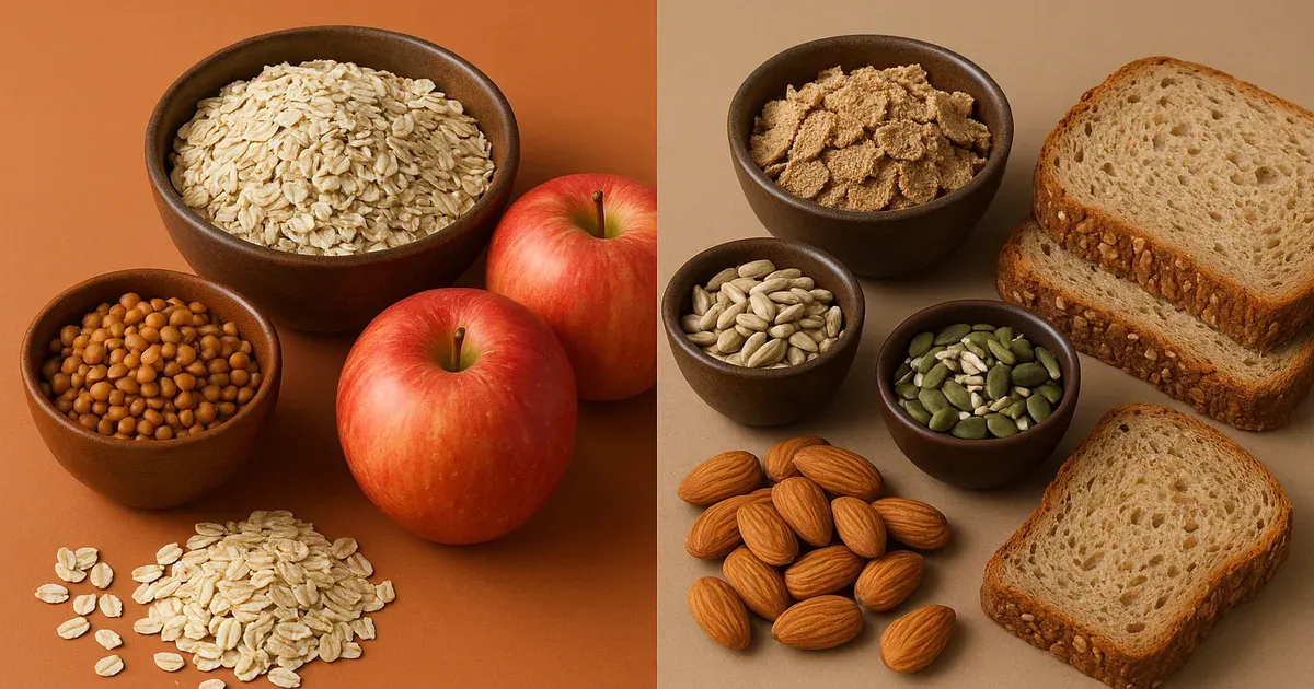 Side-by-side comparison of soluble fiber foods like oats and apples versus insoluble fiber foods like bran and seeds