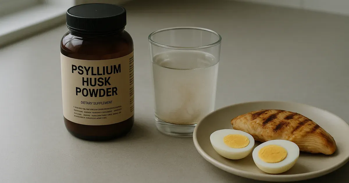 Psyllium husk fiber supplement beside a high-protein meal of grilled chicken and eggs on a kitchen counter