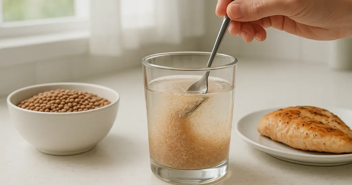 Psyllium husk supplement in water beside high-protein foods — fiber macros strategy for high protein diets