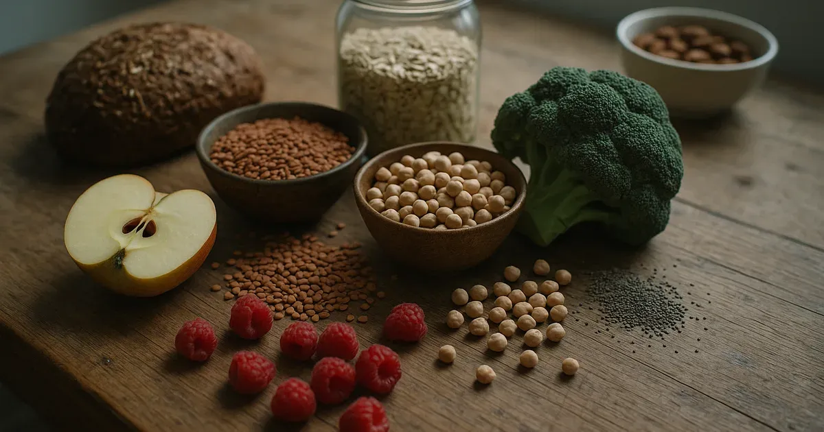 Colorful spread of high-fiber foods including legumes, fruits, and vegetables showing ideal fiber intake options for Americans