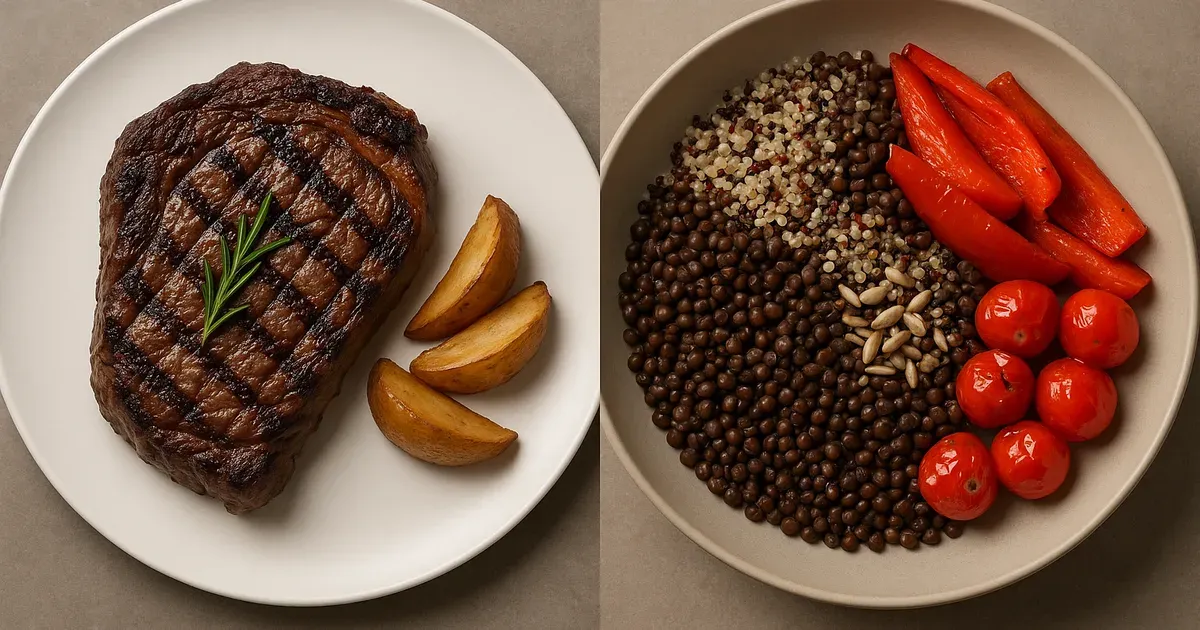 Side-by-side comparison of a high-animal-protein meal and a plant-based high-fiber meal illustrating dietary differences