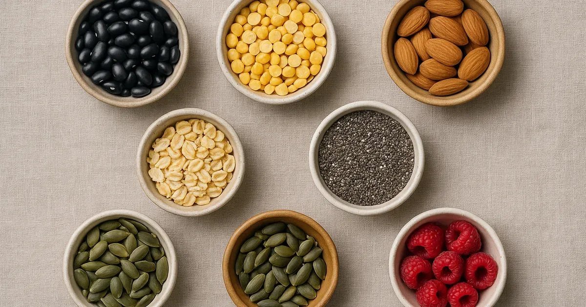 Flat lay of high-fiber foods including beans, seeds, oats, and berries representing fiber-rich diet options for Americans