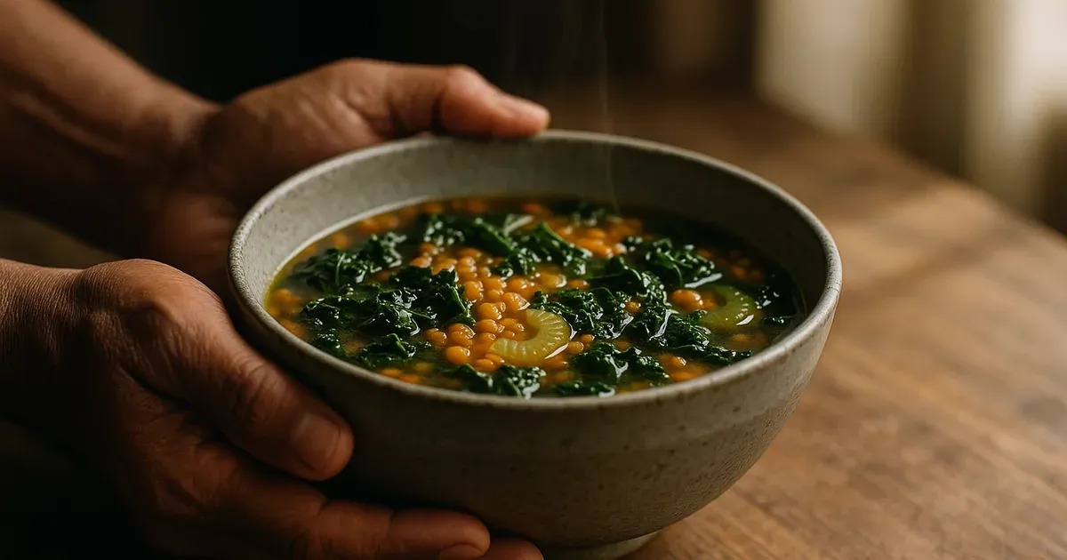 Person holding a bowl of lentil and vegetable soup as a practical example of increasing daily fiber intake