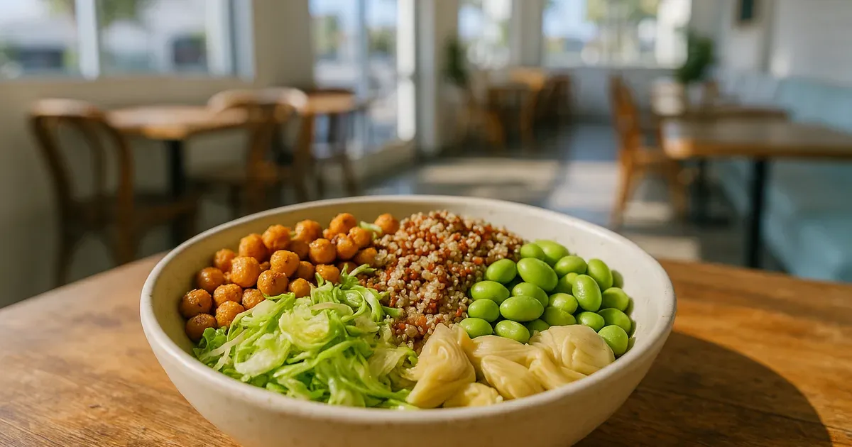 Colorful fibermaxxing grain bowl with chickpeas, quinoa and Brussels sprouts at a Southern California café