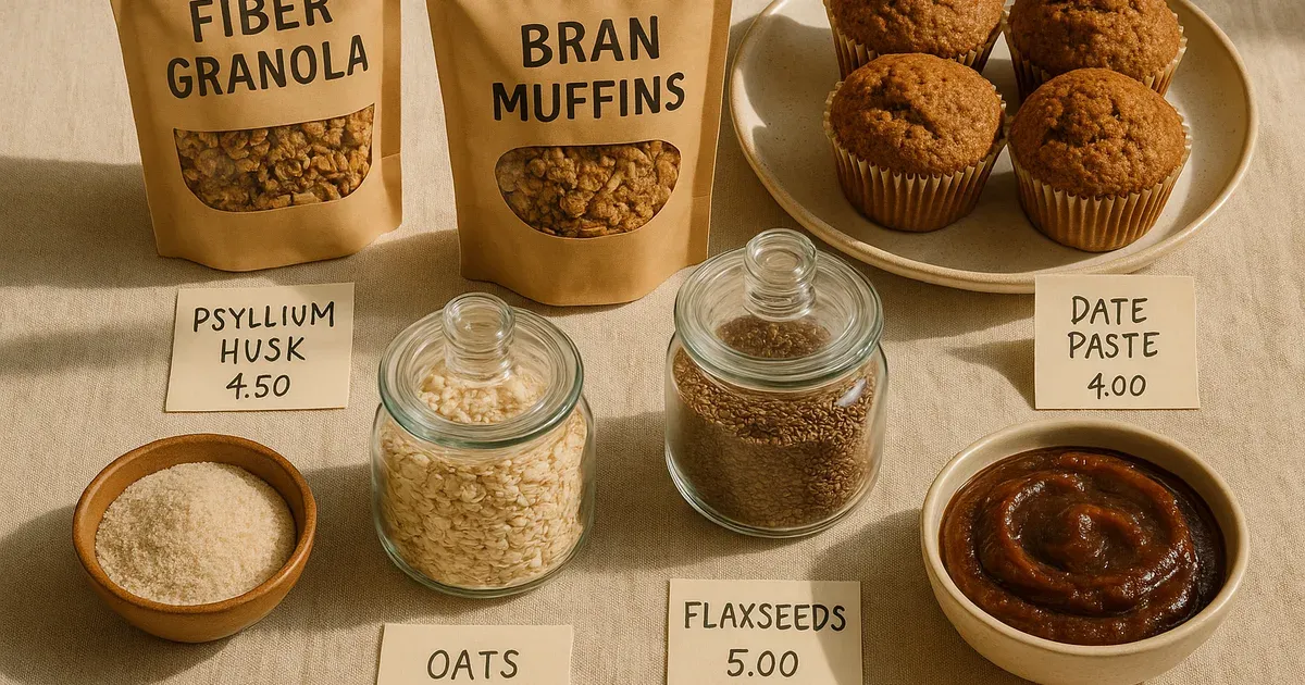 Farmers market display of high-fiber fibermaxxing products including granola, bran muffins and psyllium husk