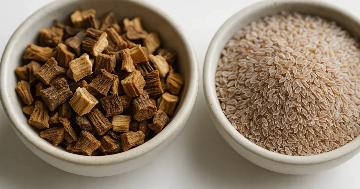 Chicory root and psyllium husk in ceramic bowls, key fibermaxxing ingredients facing supply chain pressure