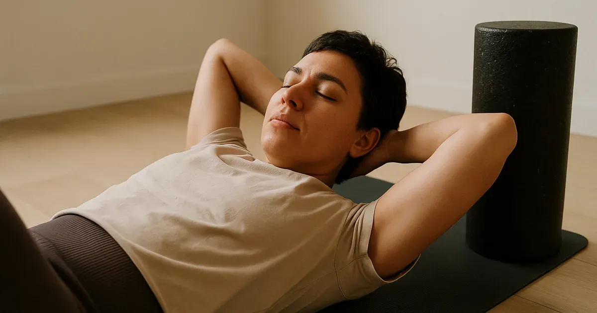 Person in their 30s using a foam roller for muscle recovery after a workout