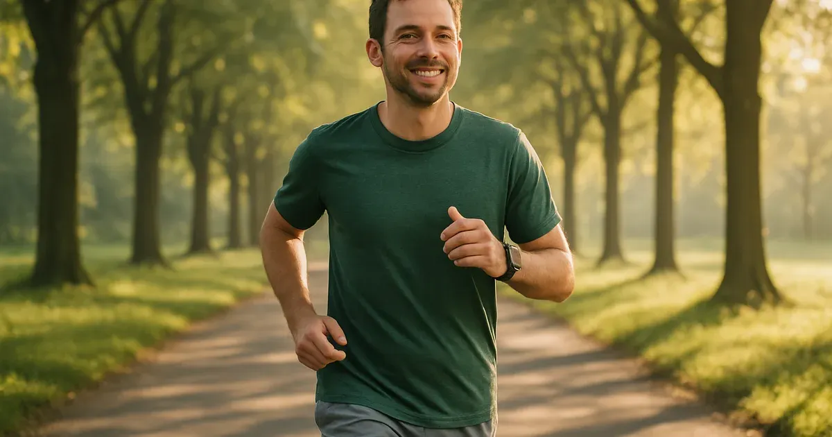 Person in their 30s jogging on a tree-lined path — sustainable fitness after 30 focused on function