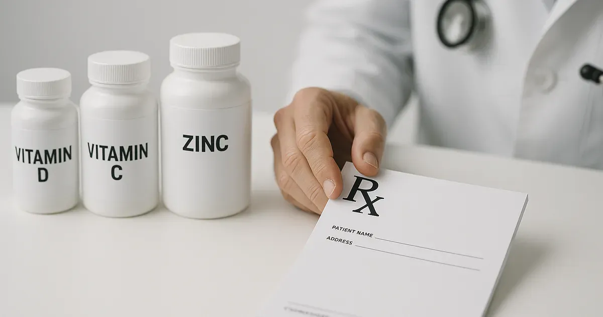 Prescription pad next to GLP-1 supplement bottles illustrating the difference between medications and supplements