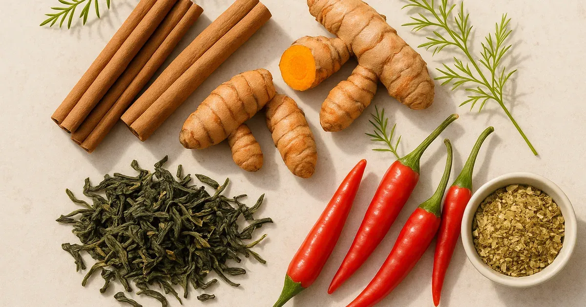 Natural GLP-1 supplement ingredients including cinnamon, turmeric, green tea and capsaicin on a stone surface