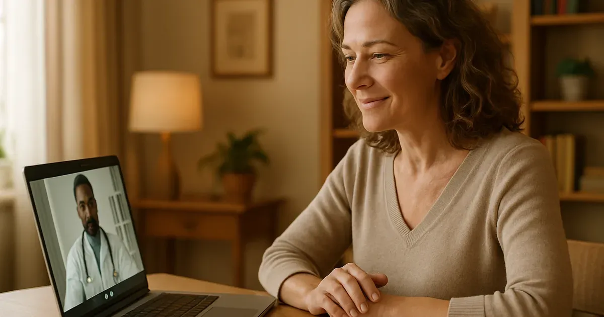 Midlife woman having a telehealth consultation about GLP-1 supplements and weight management options