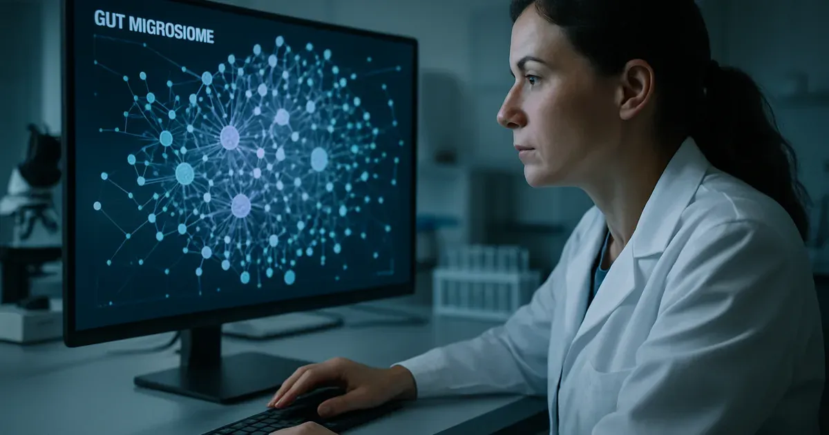 Researcher examining gut bacteria data linked to Parkinson's disease in a modern laboratory