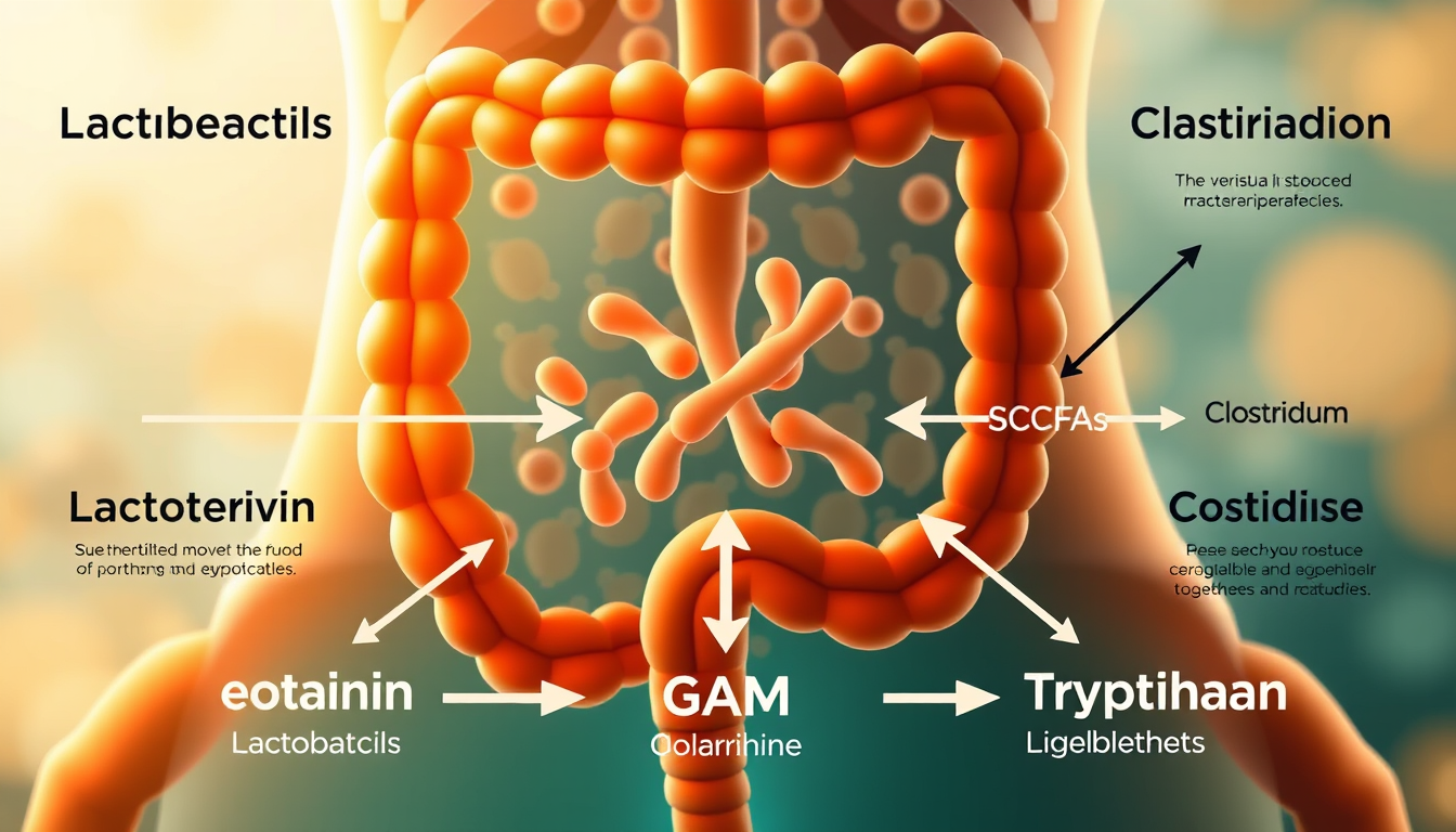 Infographic showing how gut bacteria produce serotonin, GABA, dopamine precursors, and short-chain fatty acids