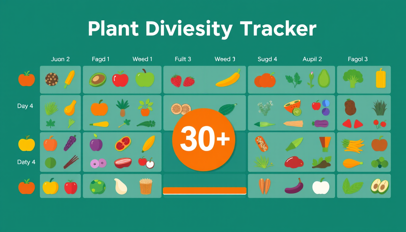 Visual guide showing how to track 30+ different plant foods per week across a 7-day eating plan
