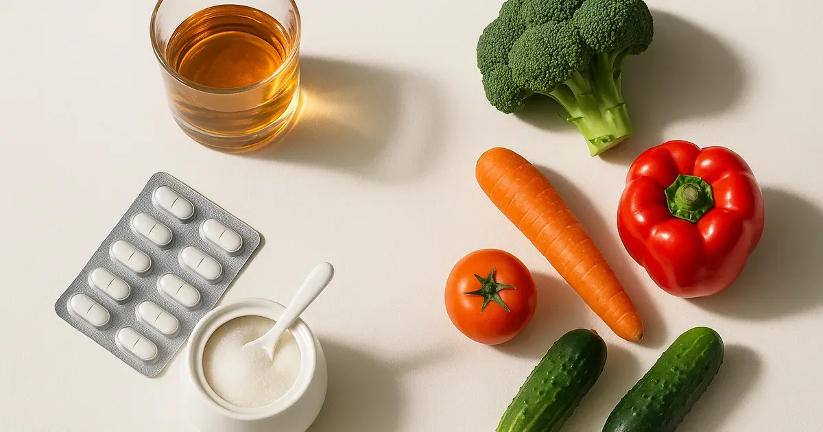 Flat-lay of foods and substances affecting gut dysbiosis including alcohol, antibiotics, vegetables, and sugar