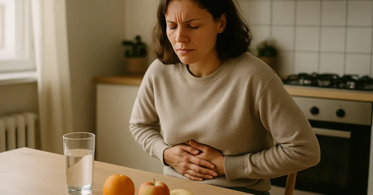 Person experiencing gut dysbiosis symptoms including bloating and abdominal discomfort at a kitchen table