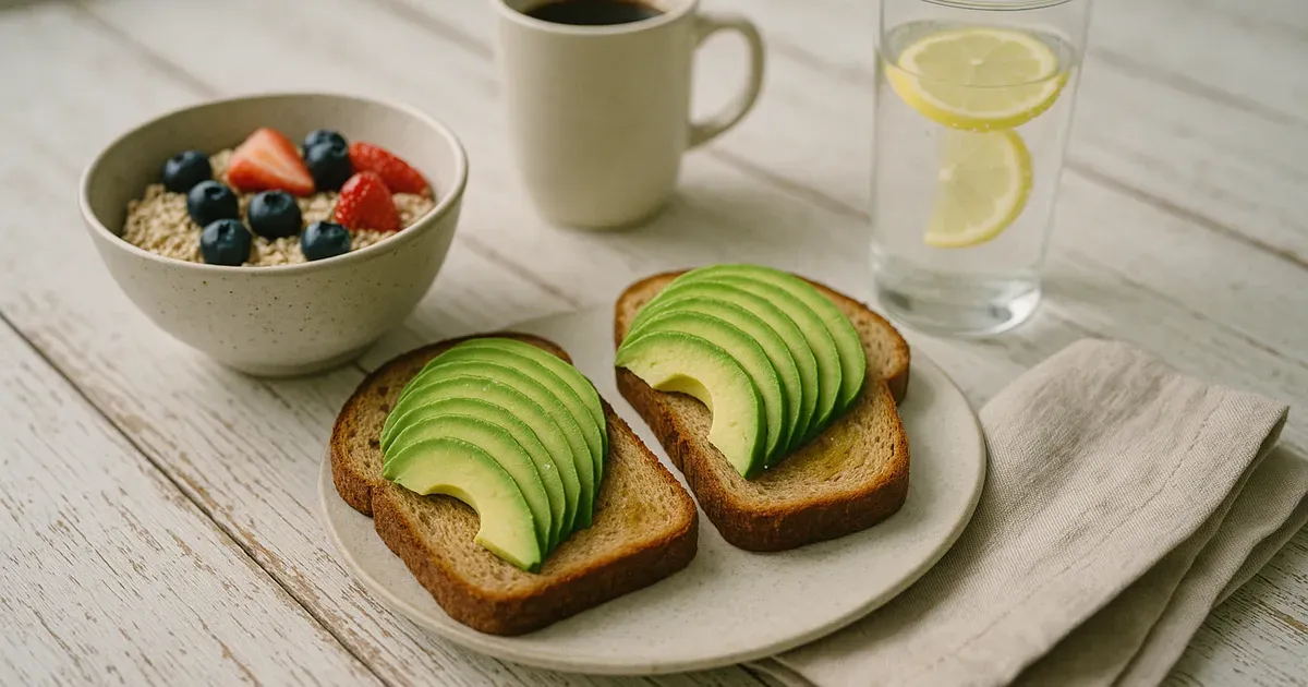 Gut-friendly breakfast alternatives including avocado toast and oats on a bright wooden table