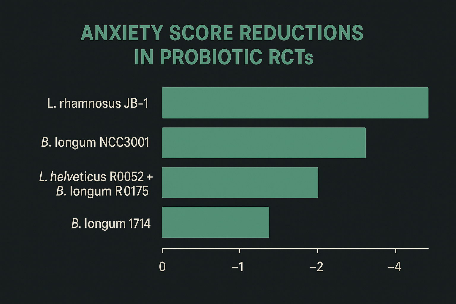 Bar chart showing anxiety score reductions in probiotic randomised controlled trials for key strains