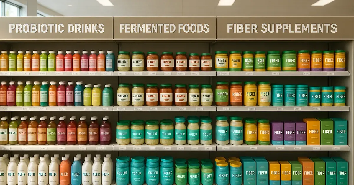 Supermarket shelf stocked with probiotic drinks and functional gut health products representing the booming gut health industry