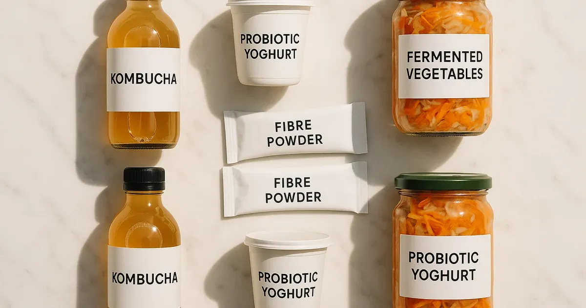 Flat-lay of gut health products including kombucha, probiotic yoghurt and fibre supplements showing category diversity
