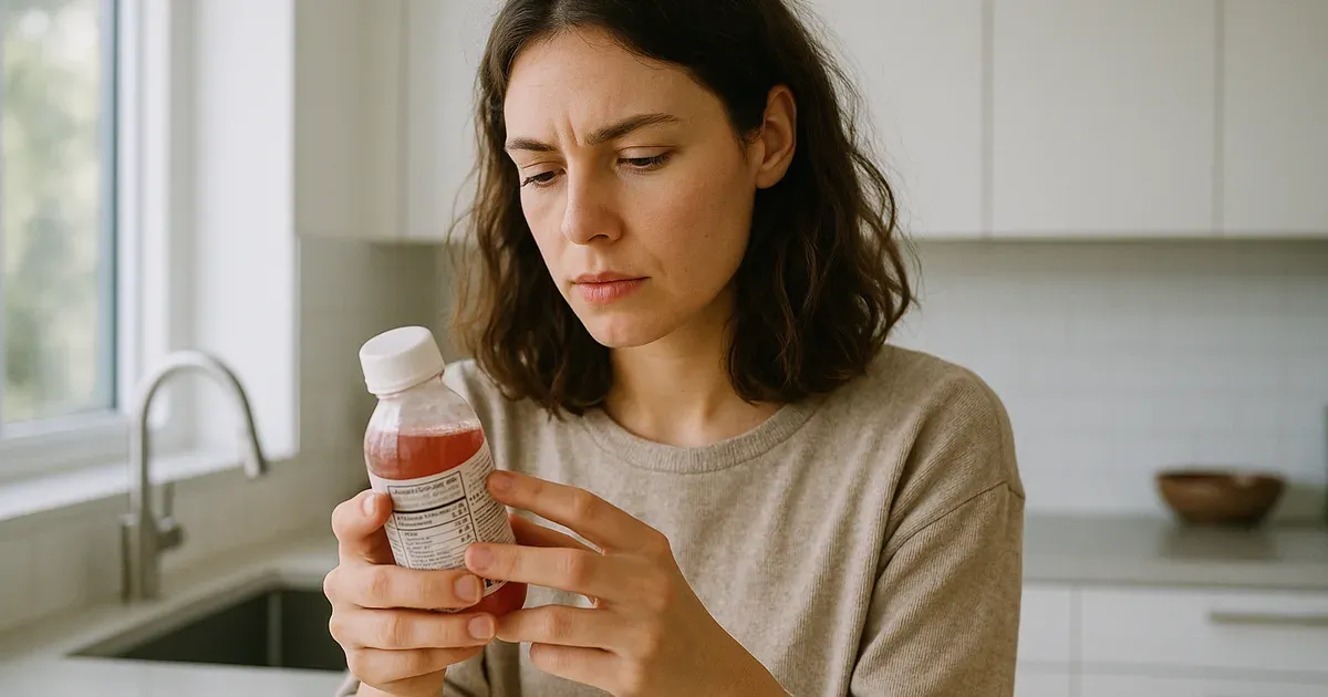Young woman reading probiotic drink label in modern kitchen, representing millennial gut health consumer behaviour