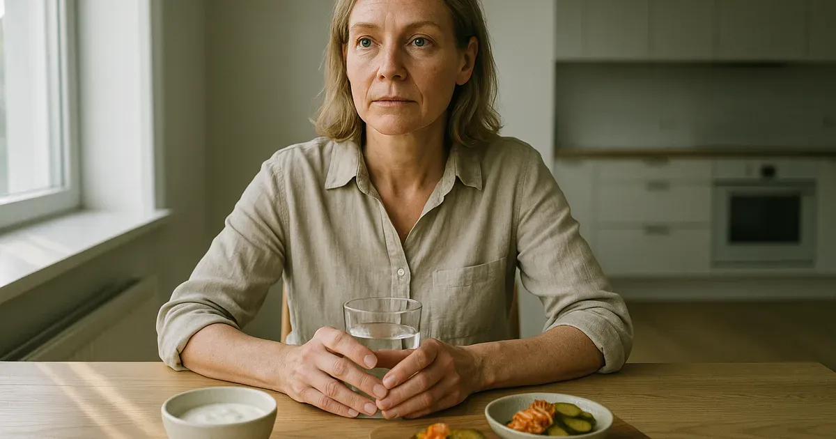 Woman at kitchen table with probiotic foods representing gut health and menopause research