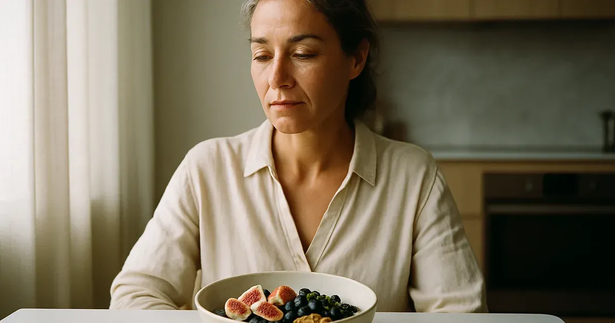 Woman in midlife eating a fiber-rich meal to support gut health during menopause