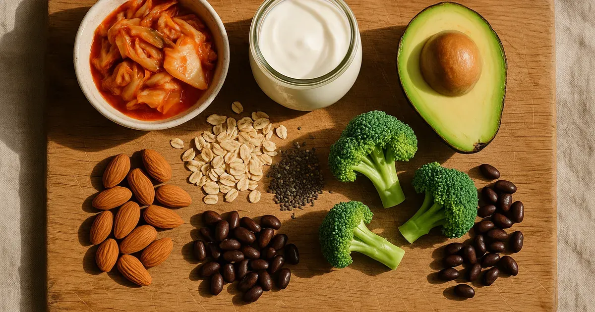 High-fiber and fermented foods that support gut health during menopause laid out on a wooden board