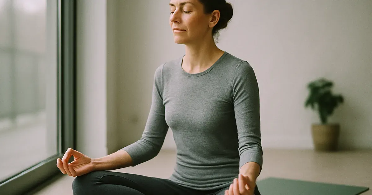Menopausal woman meditating to manage stress and support gut health during menopause